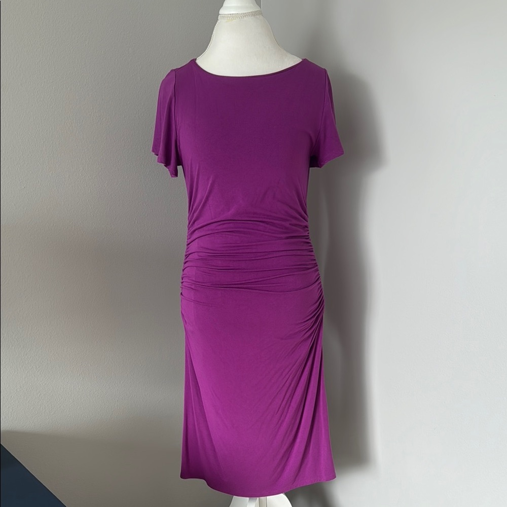 Vibrant Purple Midi Dress with Flutter Sleeves and Crew Neck